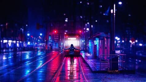 Wallpaper Neon City Tram Night Urban Raining Hoodie