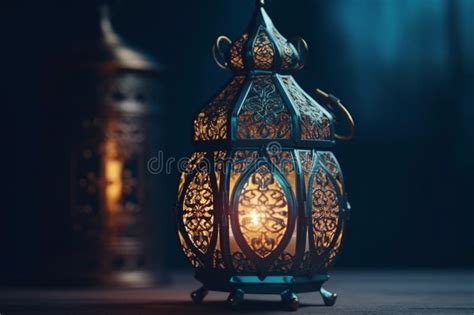 Ornamental Arabic Lantern With Burning Candle Glowing At Night Stock