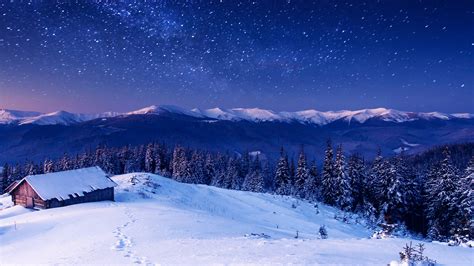 Hütte Schnee Winter Bäume Sternchen Himmel 5120x2880 Uhd 5k