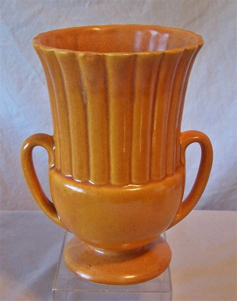 Vintage Hull Pottery Orange Drip Mid Century Modern Two Handle Vase On