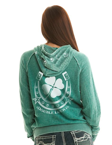 Cowgirl Tuff Womens Green Cotton Blend Hoodie Crystals Double Lucky Xs