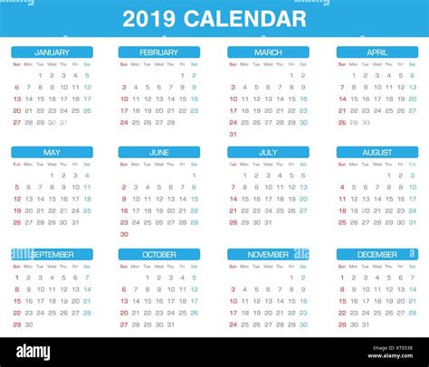 Simple 2019 Year Calendar Set Of All Month Stock Vector Art