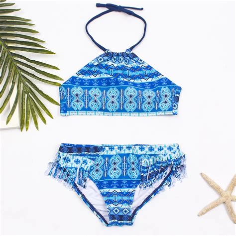 Tassel Falbala Kids Girls Bikini Set Print Multi Girls Swimwear