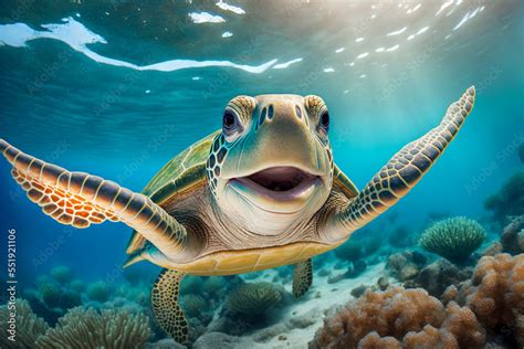 Portrait Of A Happy Sea Turtle Swimming Underwater Generative Ai