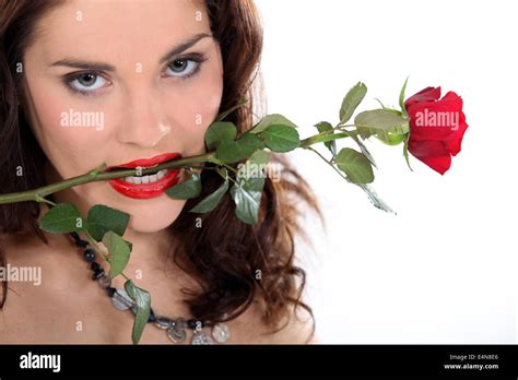 Woman Holding A Rose In Her Mouth Stock Photo Alamy