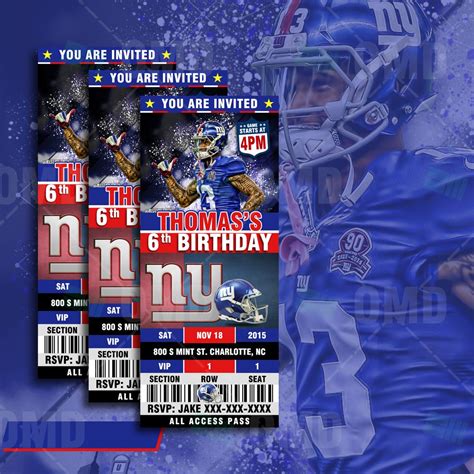New York Giants Ticket Style Sports Party Invitations Sports Party Invitations New York