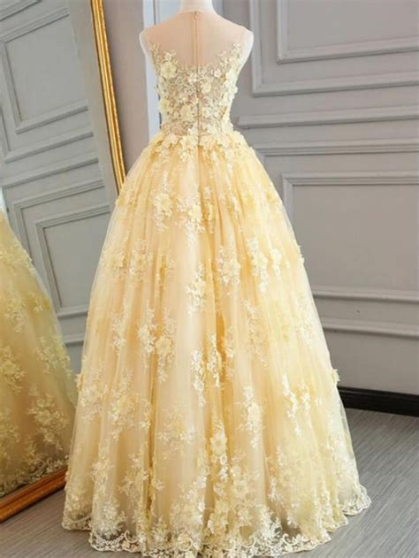 Fashion Tulle Yellow Ball Gown Prom Dress With Handmade Flowers Pl