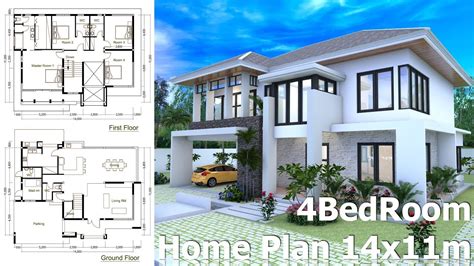 4 Bedrooms Home Design Plan Size 14x11m Samphoas Plan