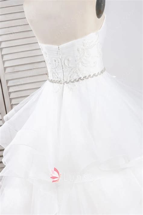 Beaded Strapless Plunging Neck Flounced Tulle Bridal Gown Lunss