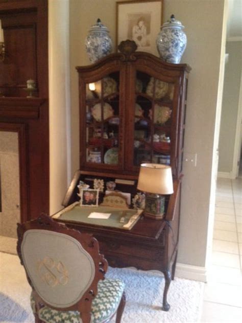 Desk has 3 drawers below drop down desk top; Antique French Secretay, Tea Canister Lamp, Antique Italian Desk Set | Home, Home decor, Furniture