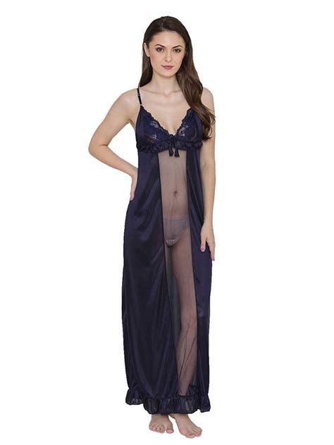 Buy N Gal Womens Satin Sheer Lace Nighty Night Dress Nightwear With G