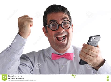 Happy Geeky Man Receives An Exciting Message Or Phone Call Stock Photo