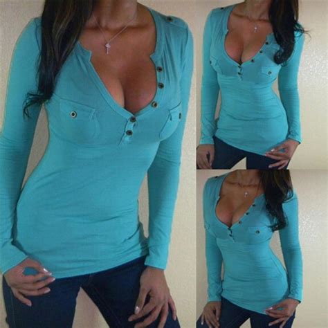 Wholesale 2016 Autumn Fashion Women Sexy T Shirt Low Cut V Neck Long Sleeve Bodycon Slim Fit