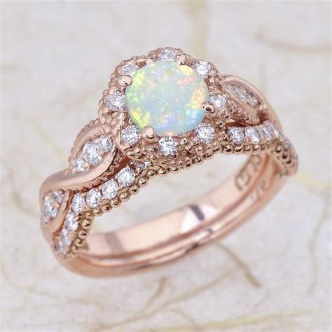 14k Vintage Rose Gold Opal Engagement Ring And Wedding Band Etsy In 2020 Engagement Rings