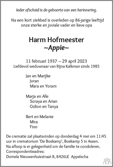 Harm Appie Hofmeester 29 04 2023 Overlijdensbericht En Condoleances