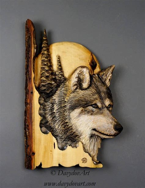 Wolf With Moon And Pines Handcarved In Wood By Davydovartwooden