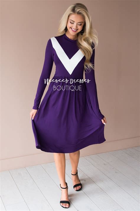 Eggplant White V Bodice Pattern Long Sleeve Modest Dress Best Online