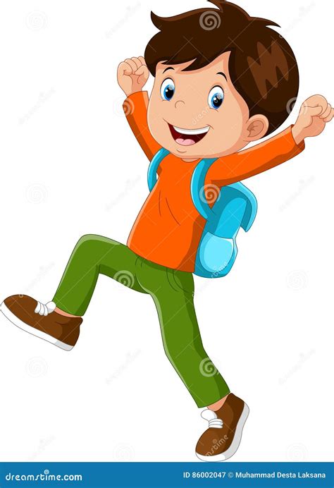 Vector Illustration Of Happy Boy With Backpack Going To School Stock