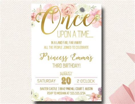 Once Upon A Time Storybook Birthday Invitations Pink And Gold Etsy Princess Invitations