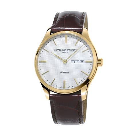 frederique constant classics quartz silver dial brown leather strap watch