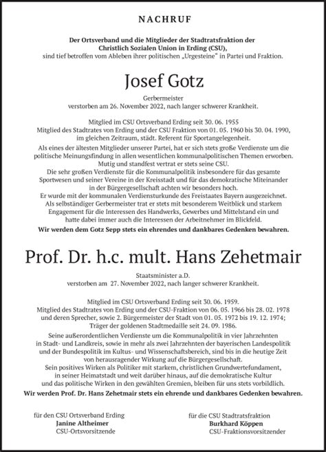 Traueranzeigen Von Josef Gotz Und Hans Zehetmair Trauermerkurde