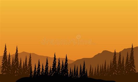 Illustration Of Mountain Scenery With Forest At Sunset In The Afternoon