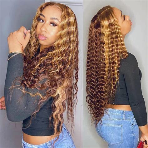 Curly Human Hair Wig Honey Blonde Ombre 13x1 Brazilian Brown Color Deep