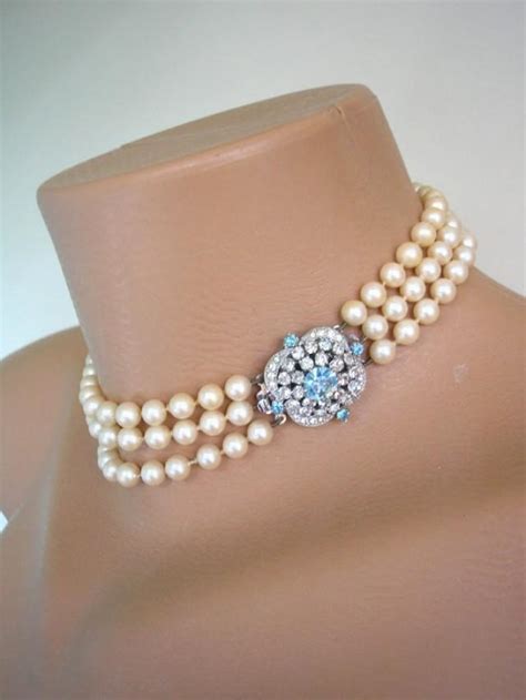Aquamarine Jewelry Aquamarine Necklace Pearl Choker Vintage Pearls