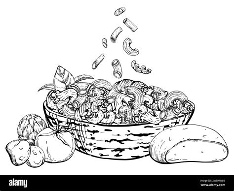 Hand drawn vector ink illustration. Pasta Italian cuisine dish, elbows