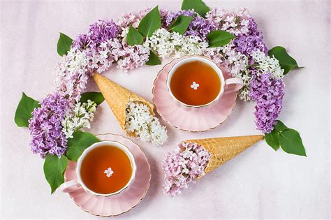 Food Tea Cup Flower Lilac Still Life Waffle Cone Hd Wallpaper