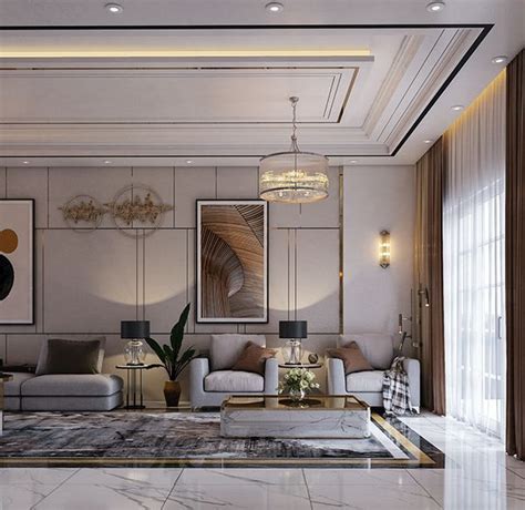 An Elegant Living Room With Marble Floors And White Walls Along With