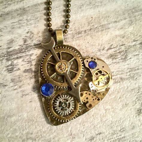 Blue Steampunk Heart Necklace Gear Pendant By Onestopsteamshoppe This