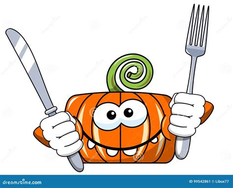 Funny Pumpkin Character Isolated Fork Knife Stock Vector Illustration