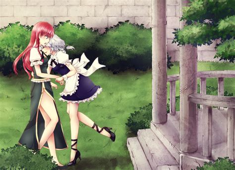 2girls Blueeyes Braids Dress Geike Hongmeiling Izayoisakuya Landscape Longhair Maid Redhair