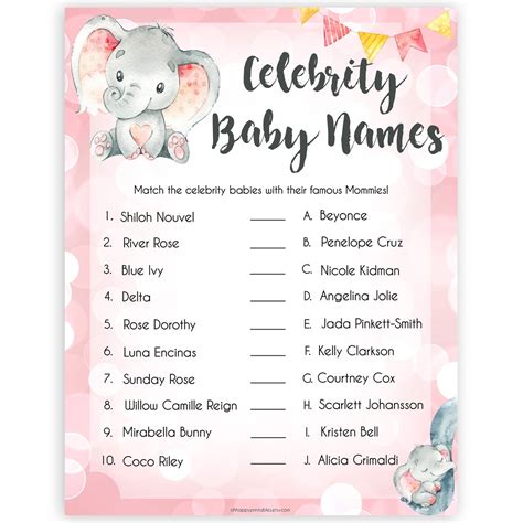 While it's fun to see what lots of other people are naming their babies, many people prefer to find baby names that are more uncommon. Match The Celebrity Baby Names - Pink Elephant Printable ...