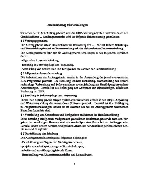 Was ist der vorliegende rahmenvertrag? Rahmenvertrag Muster Kostenlos