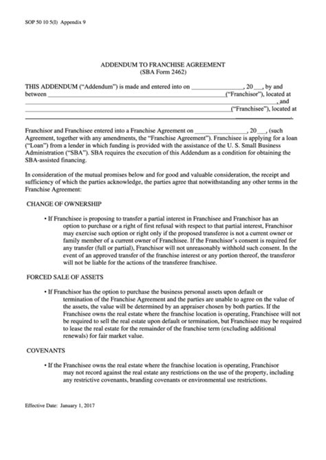 Sba Form 2462 Addendum To Franchise Agreement Printable Pdf Download