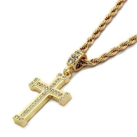 Find mens gold chain with cross: Mens 14k Gold Plated Staple Cz Cross Pendant With 24 ...