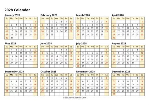 Download Editable Calendar 2028 Weeks Start On Sunday