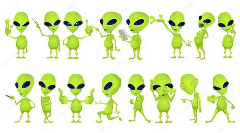 Vector Set Of Funny Green Aliens Illustrations Stock Vector Image By