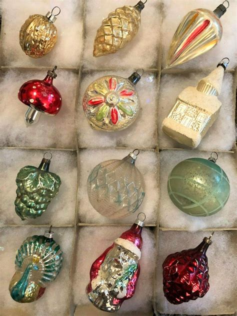 12 Antique German Mercury Glass Blown Feather Tree Xmas Ornaments 1930 40s Antique Christmas