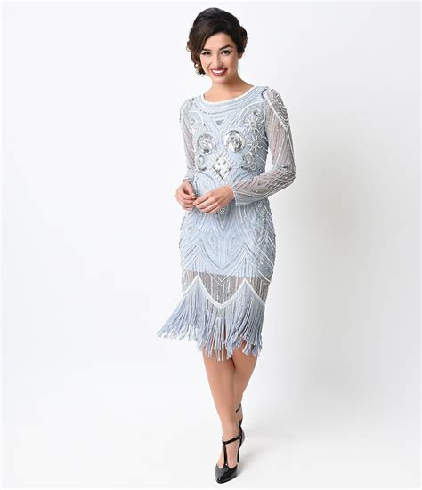 1920s Style Dusty Blue Hand Beaded Long Sleeve Karyn Flapper Dress