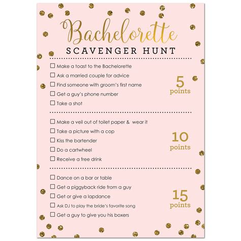 bachelorette scavenger hunt game faux gold glitter on pink 24 cards