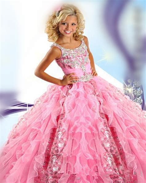 2016 Girls Pageant Dresses Ball Gown Scoop Pink Organza Beaded Squins