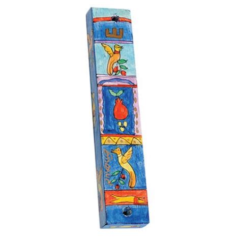 Yair Emanuel Small Hand Painted Wood Mezuzah Case Birds And