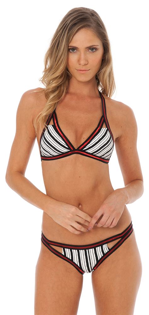 Triangle Halter Striped Bikini With Shiny Red Inserts So Pretty No Parallel Despi