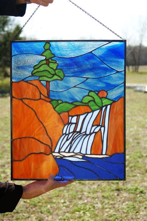 Stained Glass Landscape With Waterfall Panel Etsy Stained Glass Flowers Stained Glass