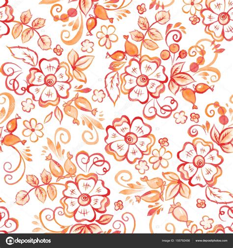 Floral Watercolor Seamless Pattern In Russian Gzhel Style Stock Vector