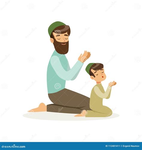 Bearded Muslim Man And His Son Praying To Allah Islamic Religion Arab