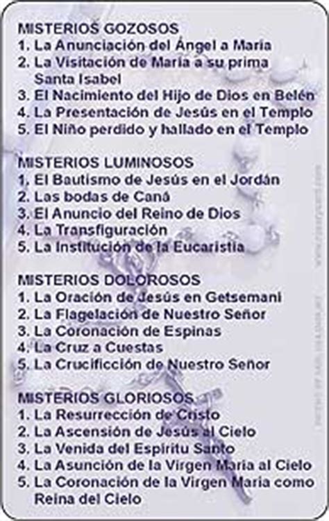Glory be to the father, and to the son, and to the holy spirit. Rosary Mysteries (Spanish) Rosary Card - Iconeum LLC